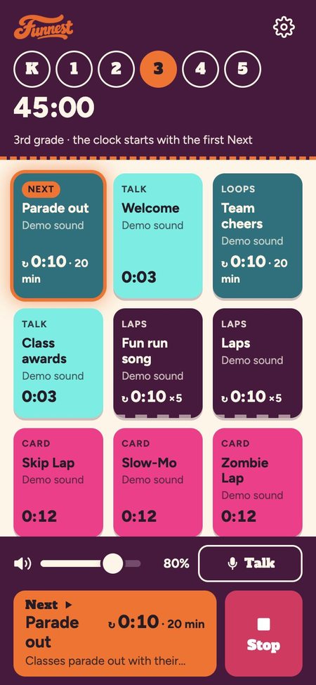 The Funnest run-day app on a phone: grade buttons, a 45:00 clock and colorful song tiles
